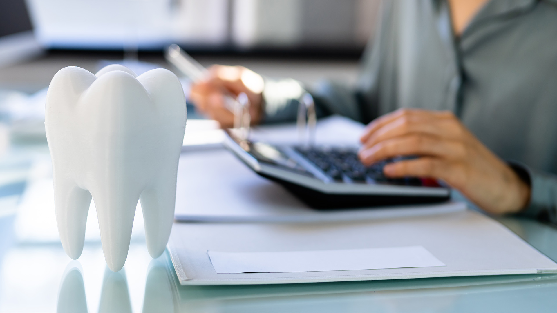 A person working at a desk with a model of a toothy smile on the table in front of them.