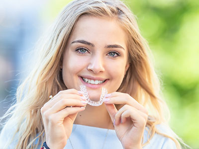 The image shows a woman with blonde hair and blue eyes smiling at the camera, holding up a toothbrush with bristles.