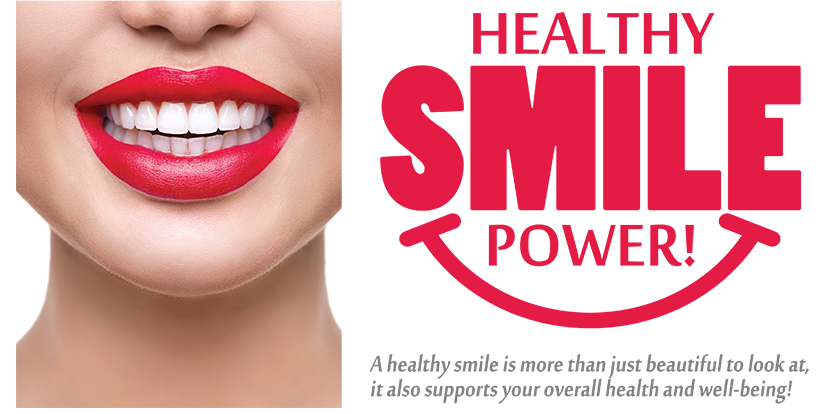 The image is a graphic advertisement featuring a woman s face with red lipstick and a slogan that reads  HEALTHY SMILE POWER.