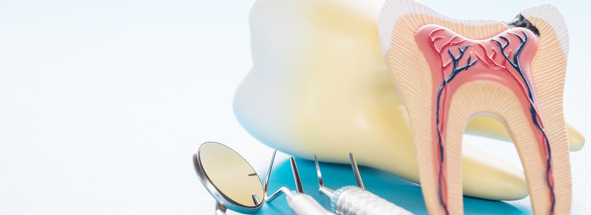 The image shows a toothbrush with toothpaste and dental floss next to a graphic of a tooth with an exposed root and gum, possibly for educational or promotional purposes.